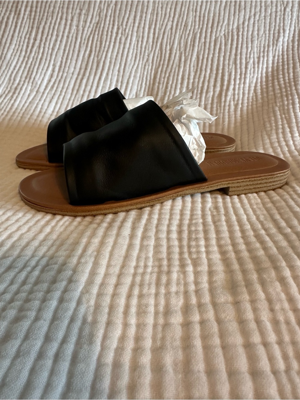 Steve Madden Black Leather Slide Sandals with Tan Sole